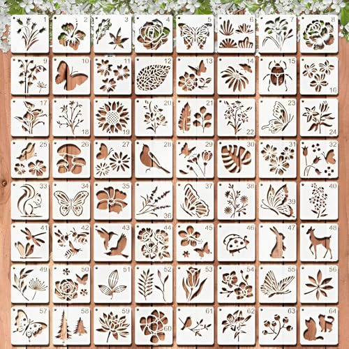 WJMY 64 Stück Wiederverwendbar Schablonen Set Blumen und Tiere | 7.6 x 7.6cm Textilgestaltung Schablonen, Malschablonen für Scrapbooking DIY, Airbrush, Malerei, Plastikschablonen