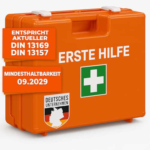 Floordirekt Erste Hilfe Koffer für Betriebe DIN 13157:2021 gefüllt inkl. Wandhalterung | 1 Hilfe Verbandkasten Set für Zuhause, Büros und Gastro, Notfallbox bis 50 Mitarbeiter (28 x 20 x 11,5 cm)