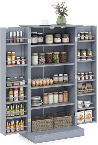 COSTWAY Küchenschrank, Vorratsschrank, Aufbewahrungsschrank mit 2 Türen & 6 verstellbaren Einlegeböden, Mehrzweckschrank für Küche, Wohnzimmer, Esszimmer, 60 x 40 x 120 cm (Grau)