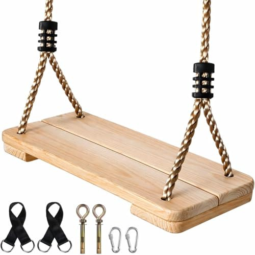 EXTFANS Holz Schaukel Outdoor/Indoor | Stabile Familienecke bis 160kg mit verstellbaren Seilen | Sicherer Schaukelsitz für Kinder & Erwachsene (40x16x3cm) | Für Garten, Terrasse, Balkon