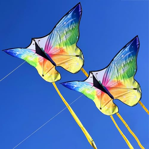 2PCS Schmetterling Drachen Butterfly Kites,Kinder-Drachen,Einleiner Flugdrachen für Kinder ab 3 und Erwachsene,140 x75cm Einleiner-Drachen mit 100m Drachenschnur und 8x75cm Langen Buntem Schwänzen