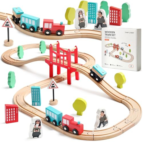 Tiny Land 39 Pcs Holzeisenbahn und Züge Pack Eisenbahn Anfängerset Kompatibel mit großen Marken Zugset Kleinkinderspielzeug empfohlen ab 3 Jahren