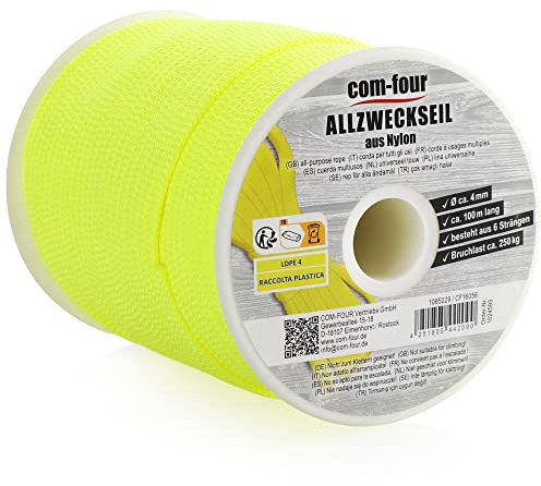 COM-FOUR® Paracord Schnur Ø 4mm, 100m - Seil mit 6 Kern Strängen für Boot, Camping, Outdoor - Nylonseil mit 250kg Tragkraft - Zeltseil, Abspannseil, Allzweckseil
