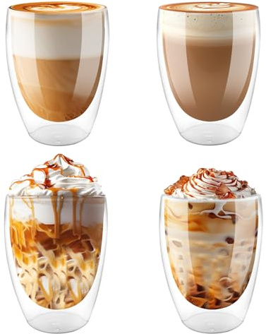 Vexillic Doppelwandige Kaffeegläser, Latte Macchiato Gläser 4er Set 350ml, Cappuccino Tassen aus Glas für Kaffee, Eis, Milch, Saft, Tee