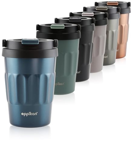 eppikan eppiCafé Edelstahl Thermobecher mit klappbarem Tragegriff - auslaufsicherer Coffee-To-Go-Becher für Kaffee und Tee 400 ml (Electric Blue)