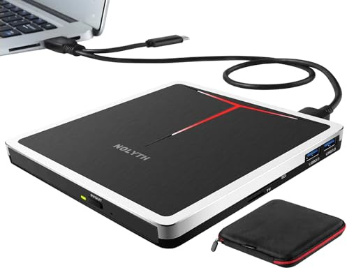 NOLYTH Externes DVD Laufwerk für Laptop: CD Laufwerk Extern USB 3.0 & USB-C für Windows 11 Mac MacBook PC - Portable Brenner Player mit SD/TF/2 USB Ports