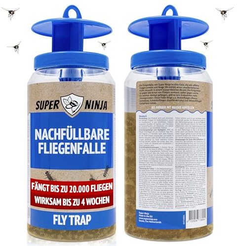 Super Ninja Fliegenfalle Draußen – Wiederverwendbare Fliegenfänger mit nachfüllbarem, Nicht-giftigem Lockstoff, Fängt bis zu 20.000 Fliegen, 4 Wochen Schutz, Mit wasserlöslichem Beutel