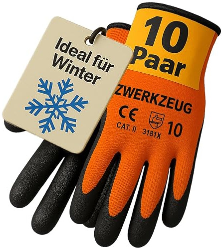 ZWERKZEUG 10 Paar Warme Arbeitshandschuhe für kalte Tage - Winter Bauhandschuhe mit Latex-Beschichtung - Thermo-arbeitshandschuhe Abriebfest - Herren Sicherheitshandschuhe (Thermo, 10-XL)