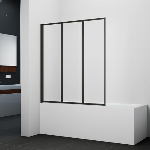 Marwell Badewannenfaltwand Black Light 3-flügelig 125 cm x 143 cm x 5 cm Glaselemente aus 4 mm Sicherheitsglas einklappbar mattschwarzer Aluminiumrahmen