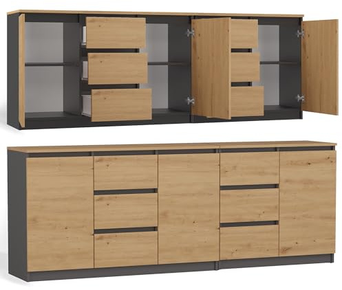 CDF Sideboard 200cm Kommode grifflos 3X Tür 6 Schubladen Büro Flur Kaschmir | Anrichte Wohnzimmer Schrank modernes Möbelset viel Stauraum Schlafzimmer Rollschienen Stahlscharniere matt 16mm Spanplatte