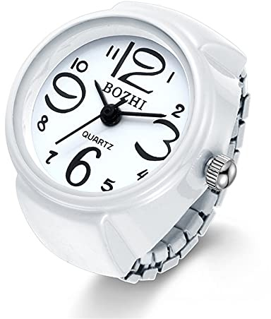 JewelryWe Damen Ringuhr Fingeruhr Analog Quarzuhr Elastisch Ring Band Uhr Uhrenring Geschenk für Mädchen Schwarz Weiß Rot Rosa