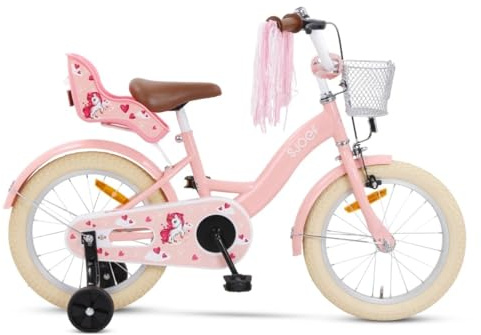 SJOEF Dolly Kinderfahrrad 16 Zoll | Ab 4-6 Jahre | einfache Montage (95% vormontiert) | Kinder Fahrrad für Mädchen/Jugend | Kleidergröße von 103 bis 118 cm | inklusive Stützräder - Rosa