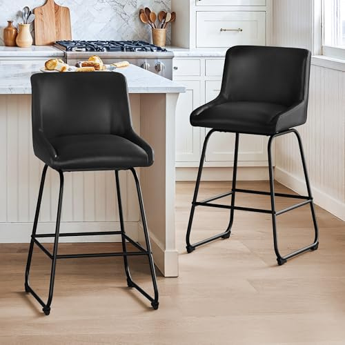 LUE BONA Barhocker 2er Set mit Lehne 360° Drehbar | PU Leder barhocker, 6.4cm Dickes Sitzkissen, Sitzhöhe 67cm, 149kg Belastbar, für Kücheninsel, Bar, Wohnzimmer, Schwarz
