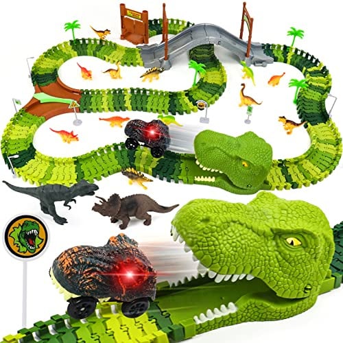Dinosaurier Spielzeug ab 2 3 4 Jahre, Autorennbahn Kinderspielzeug Dino Spielzeug 3 4 5 6 Jahre Mit 14 Dinosaurier Spielze & Dino Cars für Rennbahn Autobahn Kinder Geschenk 2 3 4 5 6 Jahre Junge