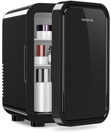 YASHE Mini-Kühlschrank, 6 Liter/8 Dosen, 220–240 V AC/DC, tragbarer thermoelektrischer Kühler, Kühlschränke für Schlafzimmer, Hautpflege, Getränke, Büro, Wohnheim und Auto, Schwarz
