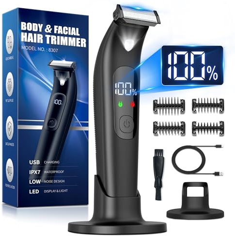 Intimrasierer Mann, Rasierer Herren Elektrisch mit LED für Nass- & Trockenrasur Bartschneider Herren Inkl. 4 Aufsätzen, Storage Dock & USB-C Kabel, Trimmer Herren für Gesicht und Körper