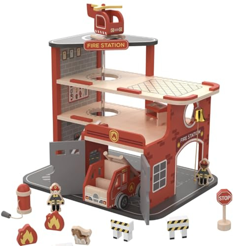 howa Spielzeug Feuerwache aus Holz – Feuerwehr Station mit Feuerwehrauto, Hubschrauber & Zubehör 7017