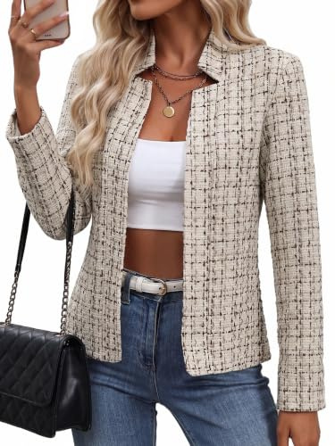 Mina Self Damenblazer für Sommer 2026 mit offener Vorderseite aus Tweed - Leichter, karierter Stehkragen, legere gefütterte, modische Jacke für Arbeit und Büro