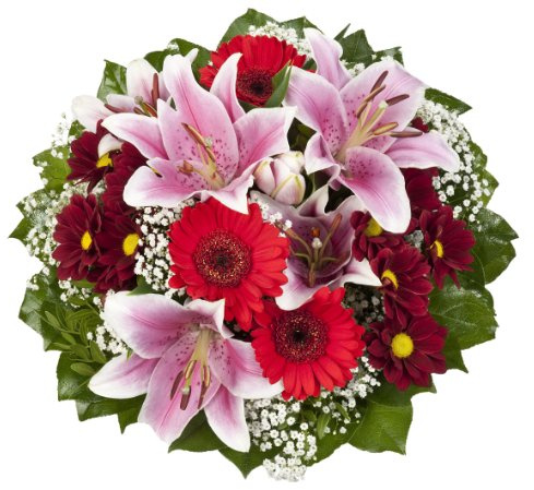 Dominik Blumen und Pflanzen, Blumenstrauß "Charlotte" mit rosa Lilien, Chrysantheme, Gerbera und Schleierkraut