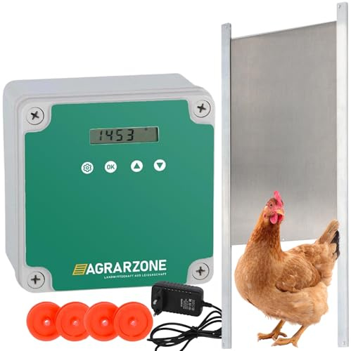 Agrarzone Hühnerklappe automatisch mit Schieber 30x40 cm, Batterie/230V | Timer & Lichtsensor, Nothalt bei Hindernis, Netz- oder Batteriebetrieb, wetterfest, für Hühnerstall und Hühnertür