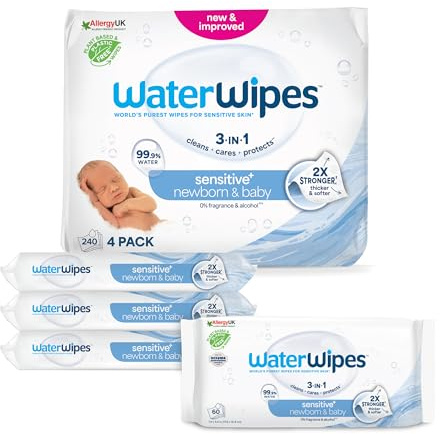 WaterWipes Sensitive+ Newborn & Baby Wipes, Feuchttücher für Neugeborene und Babys, 240 Stück (4 Packungen), 3-in-1-Reinigung, Pflege, Schutz, 99,9% Wasser, parfümfrei