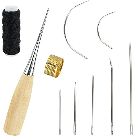 skytowards 10 Stück Leder Nähnadeln Ledernadeln Hand Leder Werkzeug Set Nähahle Ledernähnadeln Lederwerkzeug Lederwerkzeugset Gebogene Polsternadeln mit Bohr Ahle Fingerhut und Wachsfaden für Teppich