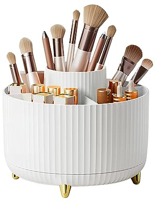DASITON 360° drehbarer Make-up-Organizer mit 5 Fächern, Make-up-Pinselhalter mit großer Kapazität, Kosmetik- und Hautpflege-Aufbewahrung für Schminktisch, Badezimmer und Schlafzimmer (Weiß)
