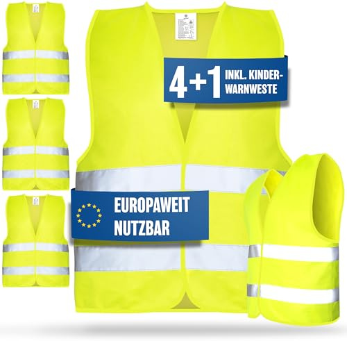 HELDENWERK Warnwesten Auto 5er 4+1 Set Europaweit gültig nach EN ISO 20471 - Reflektierende Warnweste Auto inkl. Kinderweste - Sicherheitsweste Auto Warnweste Gelb - Warnschutzweste Sicherheitswesten
