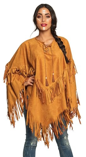 Boland - Indianer Poncho Bohemian, 120 x 120 cm | Umhang in Lederoptik, Fransen und Perlen, Indianerkostüm, Karneval und Mottoparty