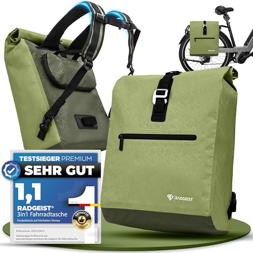 RADGEIST Fahrradtasche für Gepäckträger I Gepäckträgertasche & Rucksack I Fahrradtasche für Damen & Herren I Umhängetasche & Gepäcktasche für Fahrrad 20L Grün