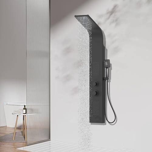 Probility Duschpaneel aus Edelstahl für den Eckeinbau 3 Funktionen mit Regenbrause Brausegarnitur mit Handbrause, Regenbrause und 2 Massageduschen, Brausegarnitur Temperatur einstellbar(schwarz)