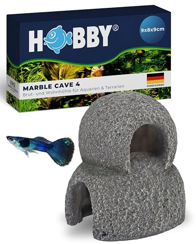 HOBBY Aquaristik Marble Cave 4 I 9 x 8 x 9 cm I Brut- und Versteckhöhle für Aquarien I Aquarium Dekoration I Deko Höhle für Zwergbuntbarsche, Welse und Garnelen I natürliches Aquariumzubehör