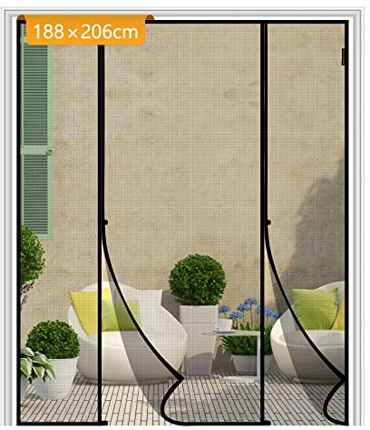 Yotache Fliegengitter Tür Magnet 188x206cm Fliegengitter Doppeltür Ohne Bohren, Insektenschutz für Schiebetür Balkontür, Reißfest, Fokussierte Magnete für Schnelleren Verschluss, Schwarz-Türrahmenmaße