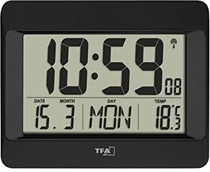 TFA Dostmann Wanduhr digital, 60.4519.01, Funkuhr mit Innentemperatur, Wochentag (8 Sprachen), Datum, Küchenuhr, Zeitzoneneinstellung, schwarz, Kunststoff, (L) 215 x (B) 160 x (H) 26 (68) mm