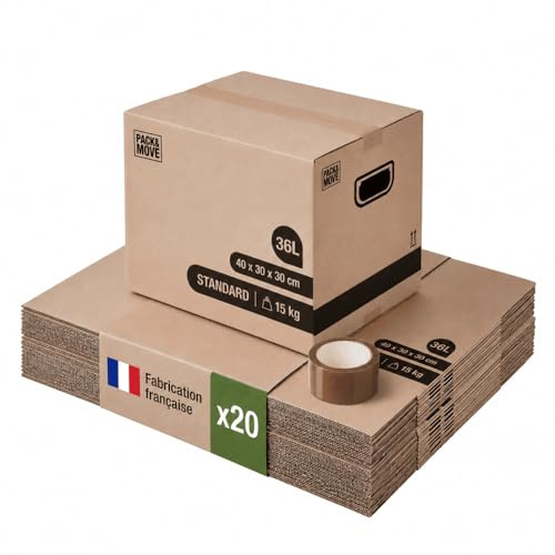 Pack and Move – Set mit 20 Umzugskartons zur Buchaufbewahrung – 40 x 30 x 30 cm – Verstärkte Griffe – 1 gratis Kleber