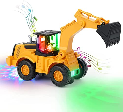 Kiztoys Bagger Spielzeug, Automatisches Gehen mit Sound und Licht Fahrzeug | Baustellenfahrzeuge, Auto Kinderspielzeug Bagger mit Lichtern und Mehrfacher Musik für Kinder 3 4 5 6 7Jahre