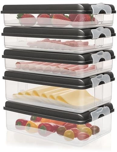 Hausfelder Aufschnittboxen 3x 1,5 l + 2x 2,3 l, 10-tlg, Anthrazit | Kühlschrank Organizer, stapelbare Aufschnittdosen, Wurstdosen Käsedosen Set mit Deckel