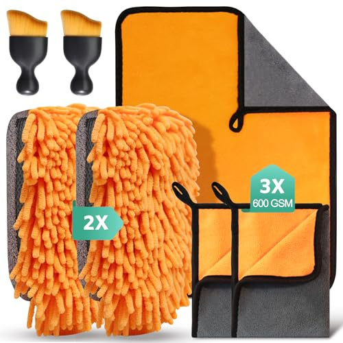 STRHAGO 7 Stück Autopflege Set mit 3 Stück Mikrofasertücher Auto,2Pcs Mikrofaser Waschhandschuh &2er Auto Innenreinigung Weiche Bürsten,600GSM Trockentuch für Haushalts Autowäsche Trocknen
