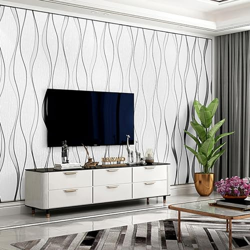 Trafagala 0,53m x 9.5m Weiß Tapete Vliestapete 3D Modern Minimalistisch Wallpaper mit 3D-Wellen Leicht Glänzend - Streifentapete Wanddekoration in Wohnzimmer, Schlafzimmer und Büro