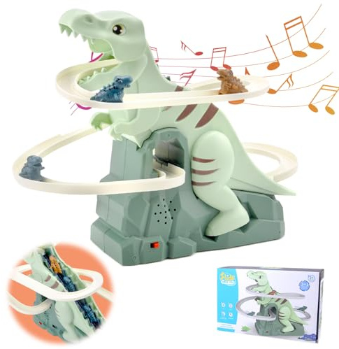 DAWRSI Treppensteigen Elektrische Dino Slide Track Mit Licht und Musik - Dinosaurier Achterbahn Spielzeug Treppe Klettern Rennbahn für Kinder
