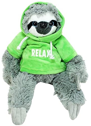 BEMIRO Faultier Kuscheltier mit Kapuze - grün Relax - ca. 40 cm, Kuscheltier mit Pulli, Kletthände zum anhängen, Plüschtier mit Hoodie