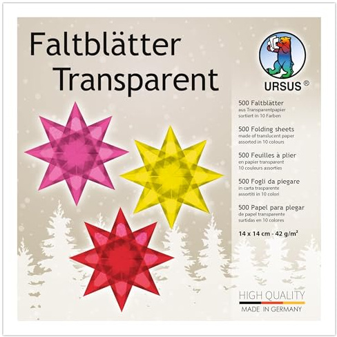Ursus 2646199 - Faltblätter Transparentpapier, ca. 14 x 14 cm, 42 g/qm, 500 Blatt, sortiert in 10 Farben, durchgefärbt, ideale Grundlage für kreative Bastelarbeiten