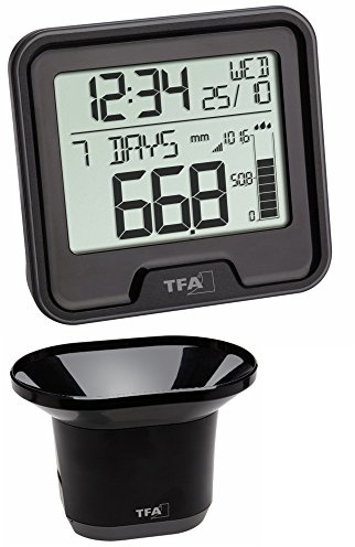 TFA Dostmann Funk-Regenmesser digital Drop, 47.3005.01, kabellose Übertragung der Regenmenge, selbst entleerend, 24-Stunden-Regenalarm, Historienfunktion für 12 Monate, Regenmengengrafik, schwarz