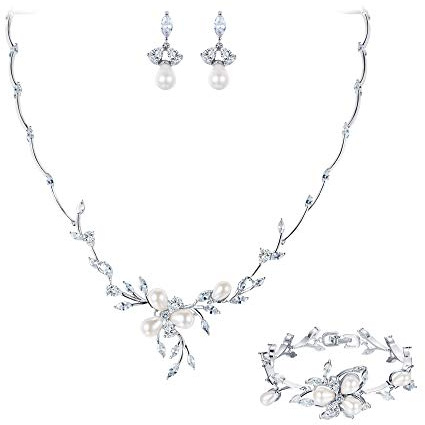 EVER FAITH Zirkon Simulierte Perle Blume Blatt Filigrane Halskette Ohrringe Armband Set Klar Silber-Ton