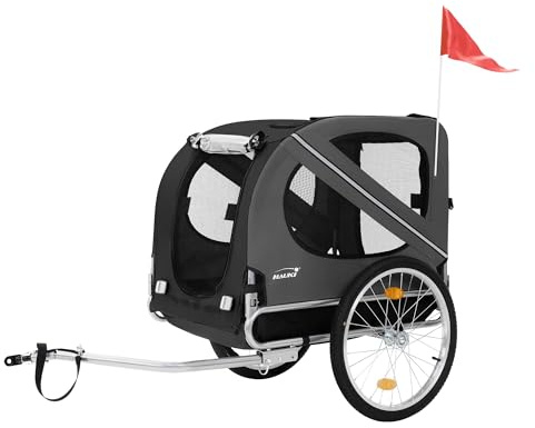 Hauki Fahrradanhänger & Hundebuggy 2in1 klappbar, Schwarz-Grau, 130x72x90 cm, Hundeanhänger für Hunde bis 40kg, Anhänger mit Reflektoren/Leine/Flagge, Hundefahrradanhänger Hundewagen Hundetransporter