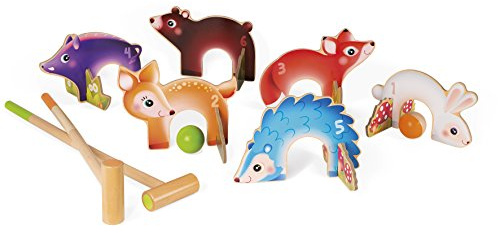 Janod J03207 Krocket-Spiel aus Holz mit Waldtieren, Spiel für den Außenbereich, für Kinder ab 3 Jahren, Mehrfarbig