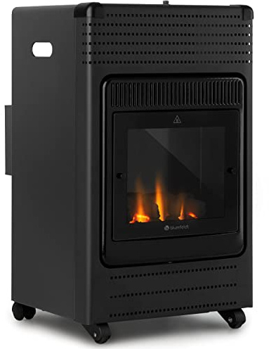 blumfeldt Andora Flame Gasheizofen - zwei Heizstufen mit 2 oder 3,4 kW, bis 11 kg Gasflaschen, Heizfläche: bis 68 m², inkl. Schlauch und Druckminderer, Feuerschein, elektrisches Zündsystem, schwarz
