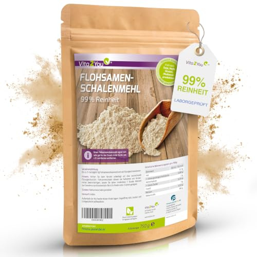 Vita2You Flohsamenschalen gemahlen - 750g - > 99% Reinheit - indisches Flohsamenschalen-Mehl - Ideal zum Backen - Flohsamen-Pulver - Premium Qualität