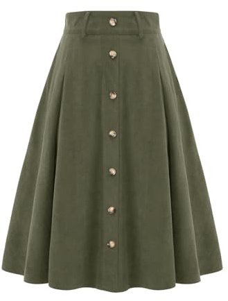 Grüner Rock Damen midilang Cordrock A-Linie Vintage Rock Tellerrock Basic Casual Hohe Taille Winterrock Freizeitrock mit Taschen Army Green S