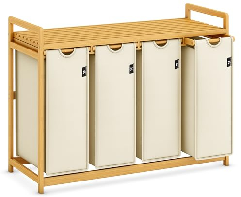 AdelDream Premium Wäschekorb 200L – 4 Fächer, ausziehbarer & abnehmbarer Wäschesack mit Bambusrahmen, Beige – Wäschesammler & Wäschebox für Badezimmer & Schlafzimmer